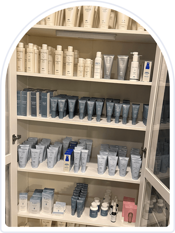Shelves filled with skincare and beauty items.